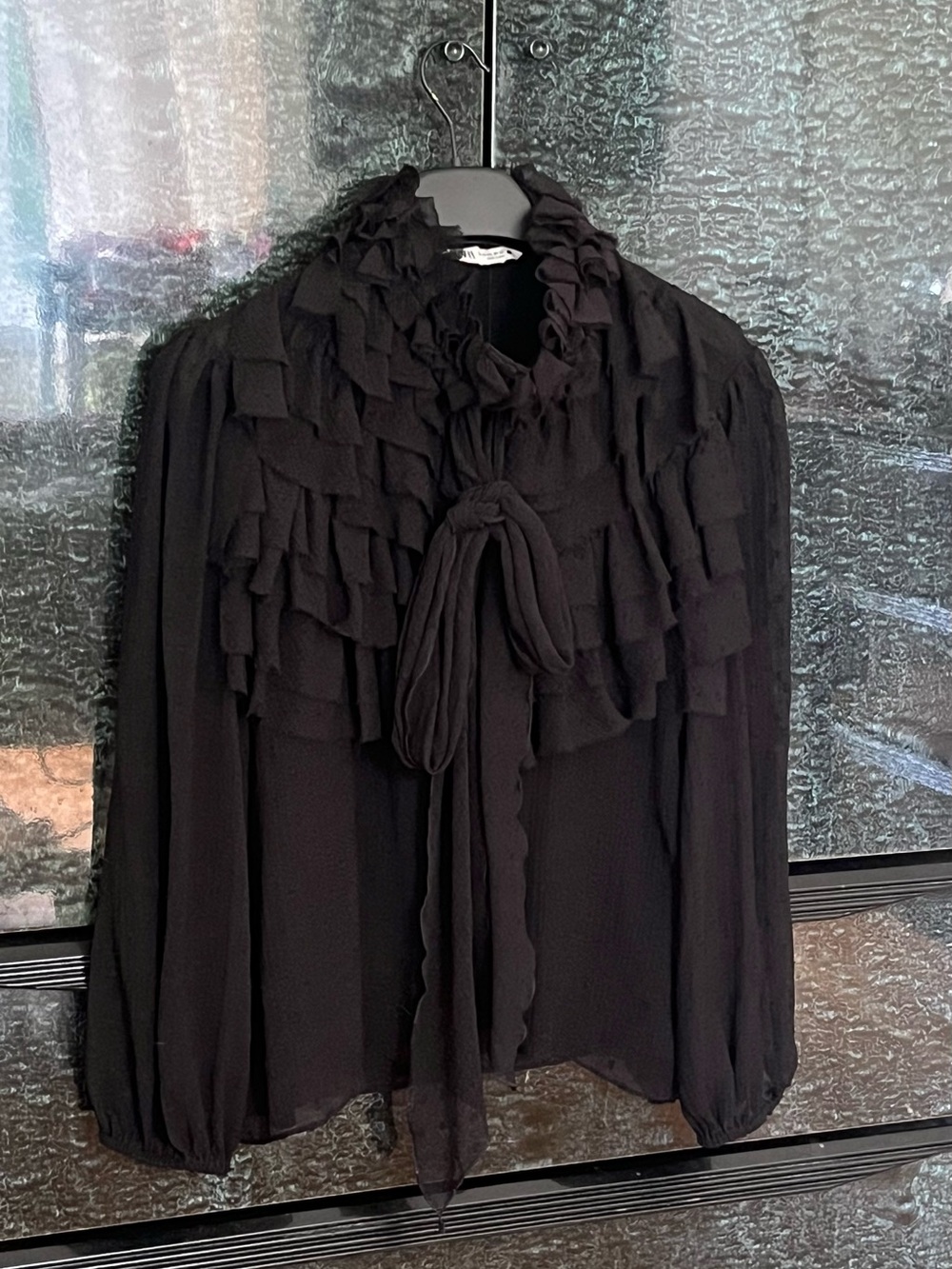 Zara Black Sheer Ruffle Blouse with Tie Neck